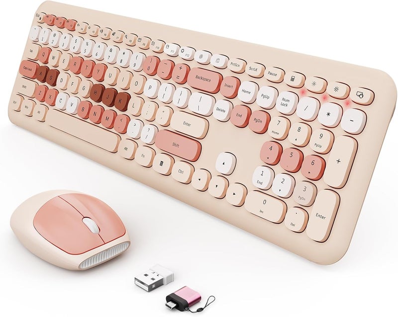 SkyGive Wireless Keyboard and Mouse Combo, Colorful Ergonomic Full Size Retro Low-Noise Keyboard with Cute keycaps, Compatible with Windows, PC, Perfer for Home and Office Keyboards (Brown) - Image 1